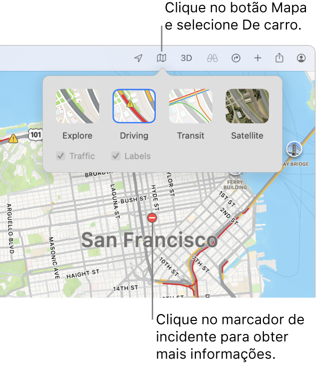 Um mapa de São Francisco com as opções do mapa exibidas, a caixa Trânsito selecionada e incidentes de trânsito no mapa.