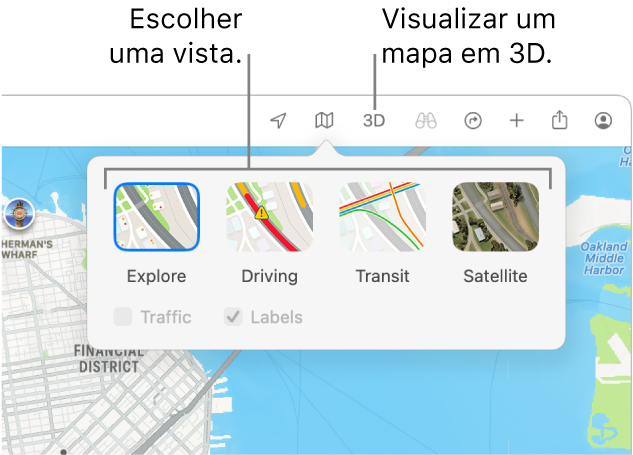Um mapa de São Francisco mostrando opções de visualização do mapa: Padrão, Transporte Público, Satélite e 3D.