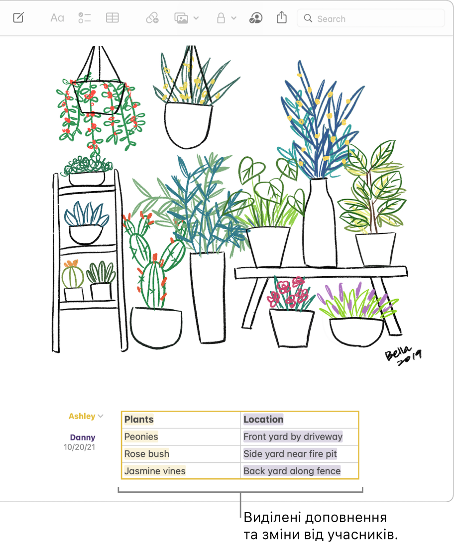 Нотатка з таблицею, що показує список рослин і їх розташування в будинку. Зміни, внесені іншим користувачем, виділяються.