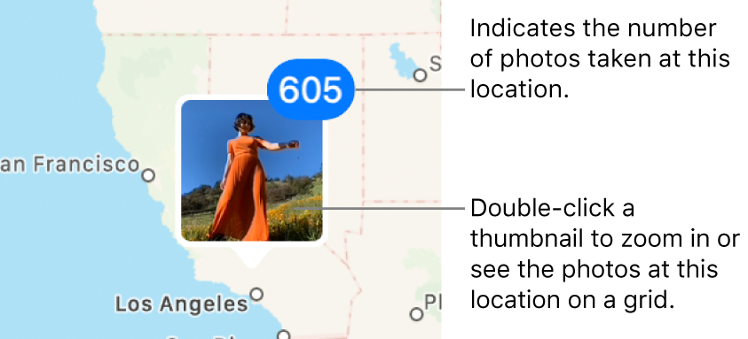 A photo thumbnail on a map, with a number in the top-right corner indicating the number of photos taken at that location.