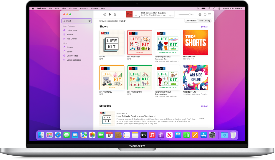 The Apple Podcasts window showing a search string and the results.