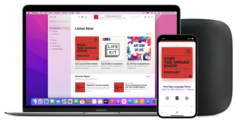 The Apple Podcasts window showing the Listen Now screen on a Mac and iPhone, with a HomePod in the background.