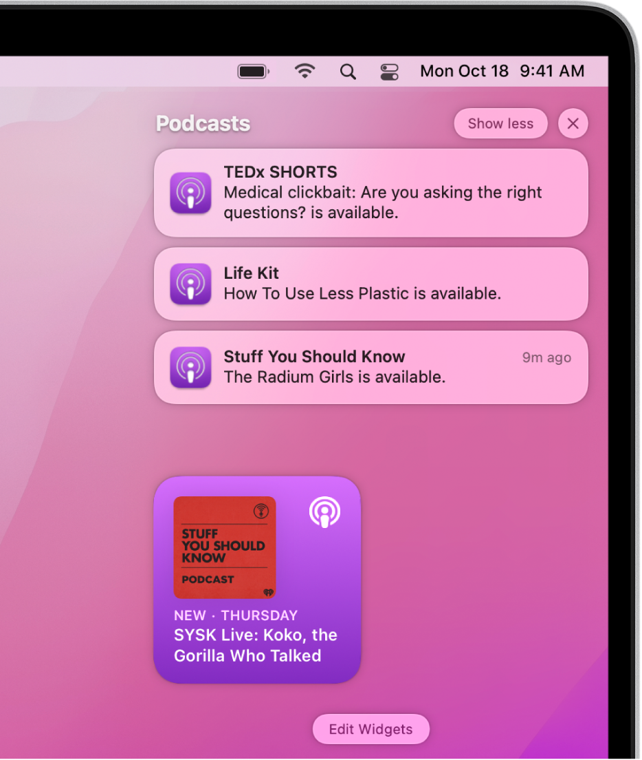 En la esquina superior derecha del escritorio de la Mac se muestran notificaciones, incluyendo una de un nuevo episodio que está disponible para escuchar en la app Podcasts.