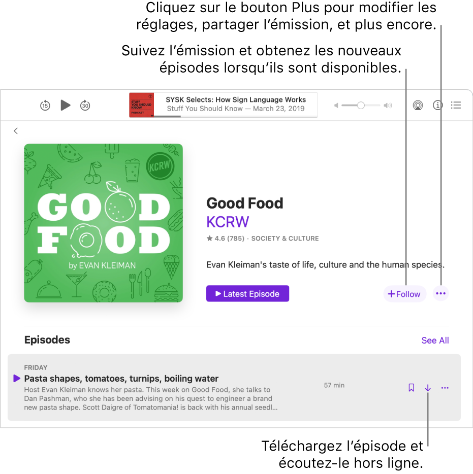L’écran d’informations de l’émission. Cliquez sur Suivre pour obtenir de nouveaux épisodes dès leur sortie. Cliquez sur le bouton Plus pour modifier les réglages, partager l’émissions et plus encore. Téléchargez l’épisode si vous voulez l’écouter lorsque vous n’êtes pas connecté à Internet.