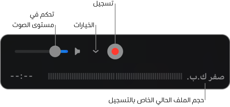 عناصر التحكم في التسجيل، وتحتوي على عنصر التحكم في مستوى الصوت، والزر تسجيل، والقائمة المنبثقة خيارات.