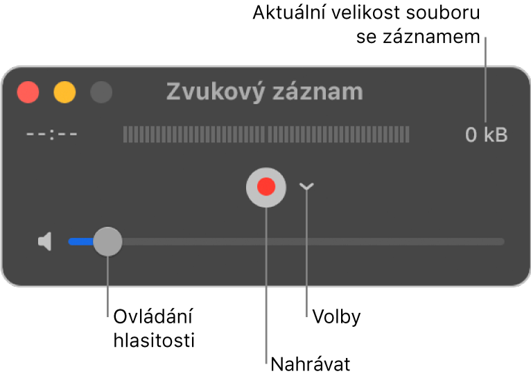 Okno Zvukový záznam, v němž je uprostřed vidět tlačítko Záznam, místní nabídka Volby a ovládání hlasitosti a dole ovládání hlasitosti