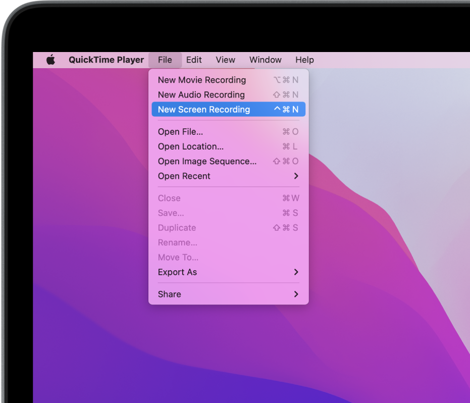 In der App „QuickTime Player“ ist das Menü „Ablage“ geöffnet und der Befehl „Neue Bildschirmaufnahme“ ist ausgewählt, um die Aufnahme des Bildschirms zu starten.