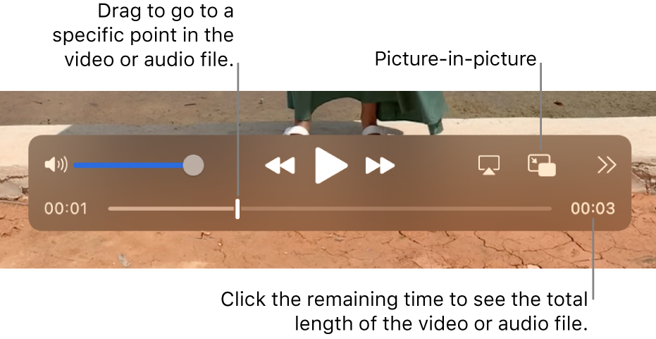 The QuickTime Player playback controls. Along the top are the volume control, the Rewind button, Play/Pause button, Fast-Forward button, Choose a Display button, Picture-in-Picture button and the Share and Playback Speed button. At the bottom is the playhead, which you can drag to go to a specific point in the file. The time remaining in the file appears at the bottom right.