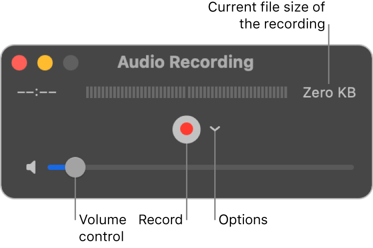 The Audio Recording window with the Record button and the Options pop-up menu in the center of the window, and the volume control at the bottom.