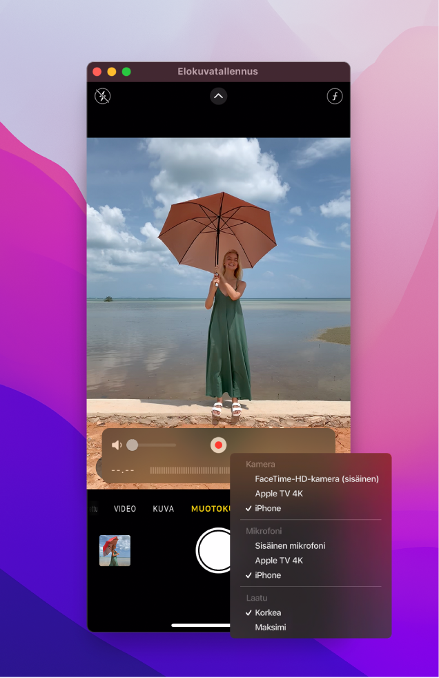 Macin QuickTime Player -ikkuna iPhonella tallennuksen aikana.