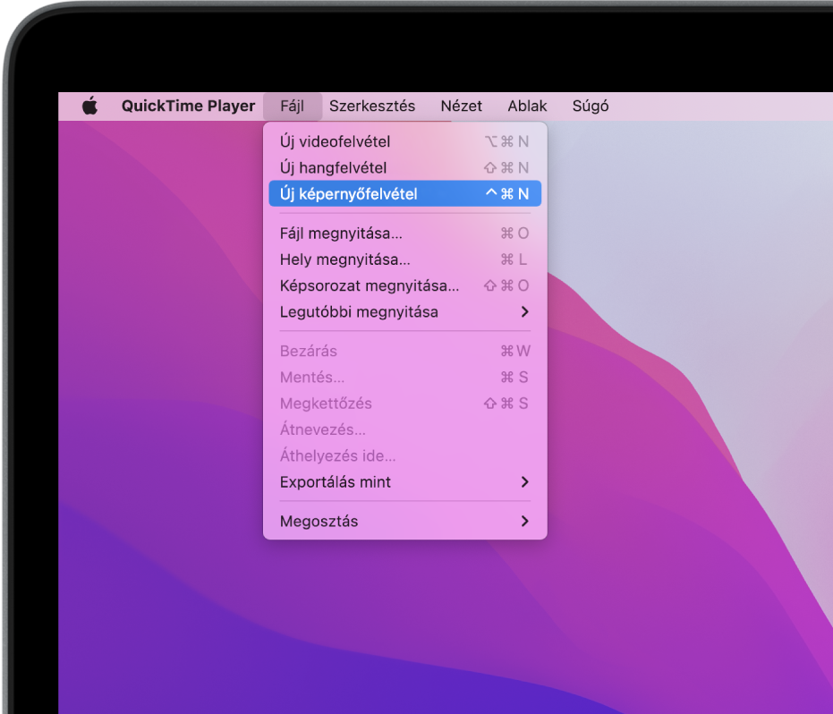A QuickTime Player alkalmazásban a képernyőfelvétel a Fájl menü megnyitásával, és az Új képernyőfelvétel parancs kiválasztásával indítható.