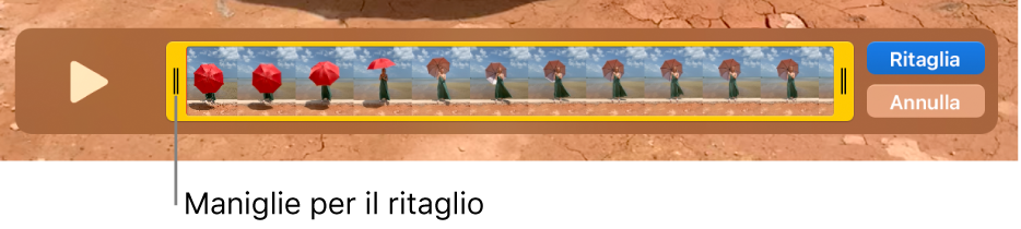 Clip nella finestra di QuickTime Player, con una parte del clip racchiusa tra maniglie gialle e il resto del clip al di fuori. I pulsanti Ritaglia e Annulla si trovano sulla destra.