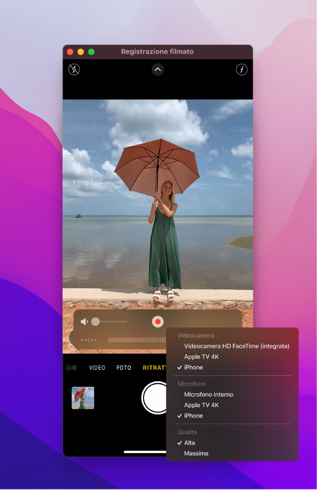 Finestra di QuickTime Player sul Mac durante la registrazione tramite iPhone.