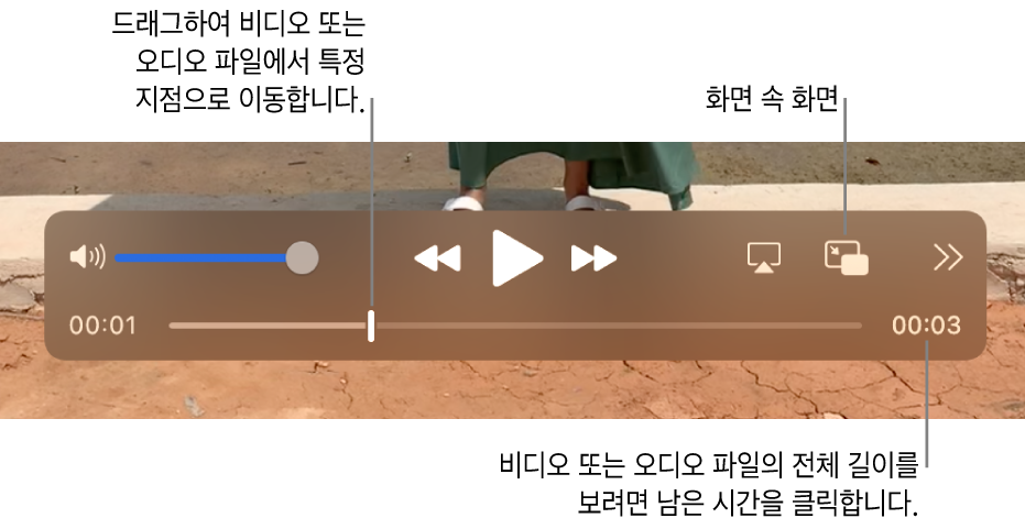 QuickTime Player 재생 제어기. 상단을 따라 음량 제어, 되감기 버튼, 재생/일시 정지 버튼, 앞으로 빨리감기 버튼, 디스플레이 선택 버튼, 화면 속 화면 버튼, 공유 및 재생 속도 버튼을 선택하십시오. 하단에는 드래그하여 파일의 특정 위치로 이동할 수 있는 재생헤드가 표시되어 있음. 파일의 남은 시간이 오른쪽 하단에 나타납니다.