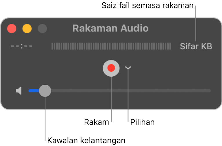 Tetingkap Rakaman Audio dengan butang Rakam dan menu timbul Pilihan di tengah tetingkap, serta kawalan kelantangan di bahagian bawah.