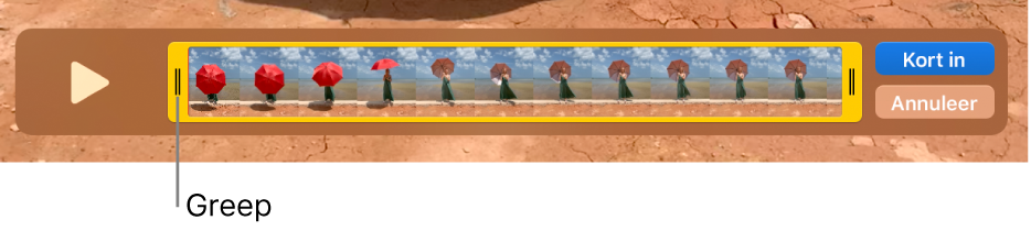 Een fragment in het venster van QuickTime Player, met een deel van het fragment tussen de gele grepen en de rest van het fragment buiten de gele grepen. Rechts staan de knoppen 'Kort in' en 'Annuleer'.