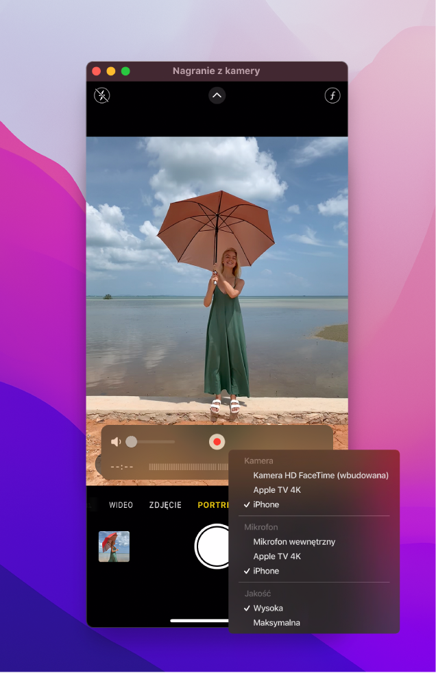 Okno aplikacji QuickTime Player na Macu podczas nagrywania za pomocą iPhone'a.