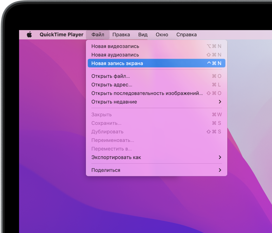 В приложении QuickTime Player открыто меню «Файл». Выбрана команда «Новая запись экрана», запускающая запись экрана.