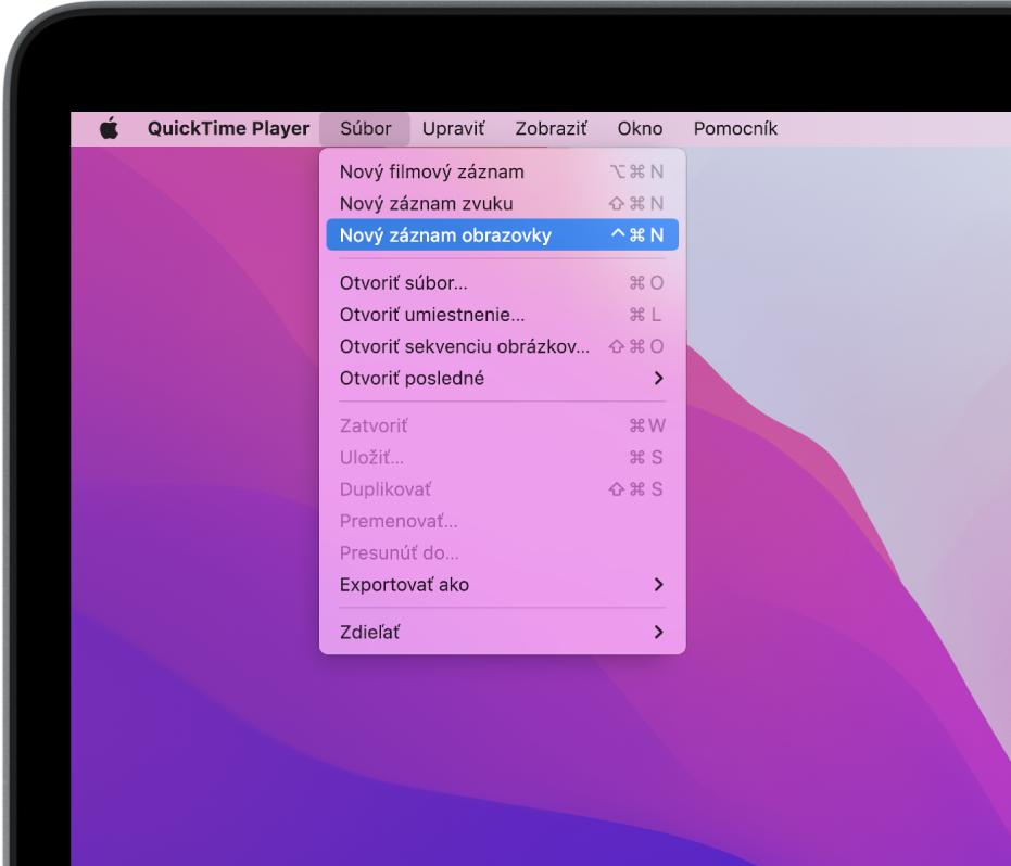 V apke QuickTime Player je otvorené menu Súbor s vybratým príkazom Nový záznam obrazovky, ktorý spustí nahrávanie obrazovky.