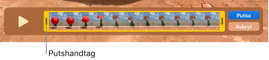 Ett klipp i QuickTime Player-fönstret som visar en del av klippet omgivet av gula handtag, medan resten av klippet finns utanför de gula handtagen. Knappen Putsa och knappen Avbryt finns till höger.