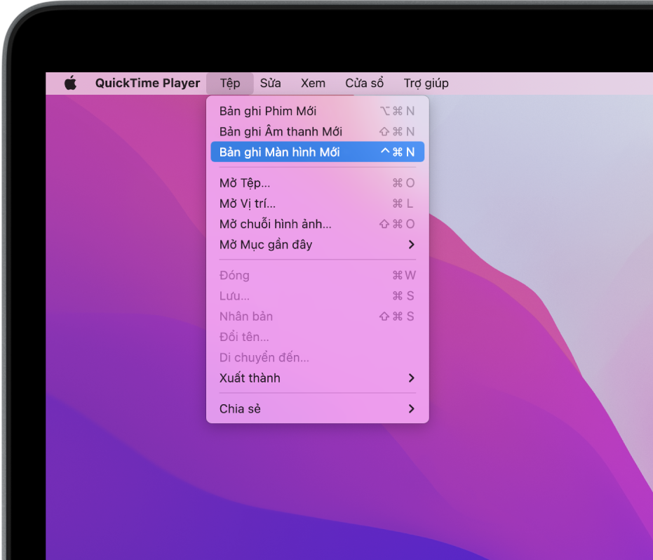 Trong ứng dụng QuickTime Player, menu Tệp đang mở và lệnh Bản ghi màn hình mới đang được chọn để bắt đầu ghi màn hình.