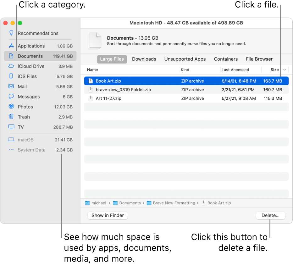 mac os list of size of all files