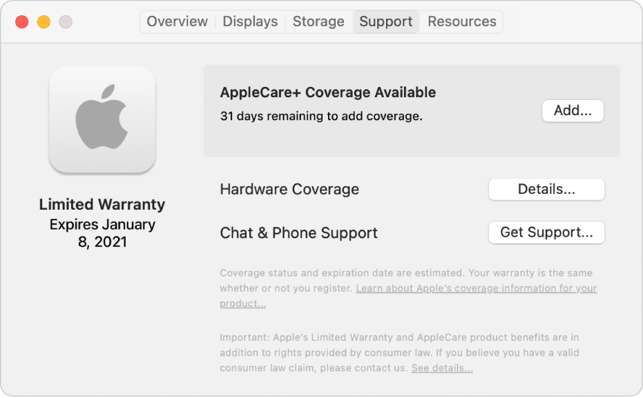 The Support pane in System Information. The pane shows the Mac is covered under Limited Warranty and is eligible for AppleCare+. The Add, Details, and Get Support buttons are on the right.