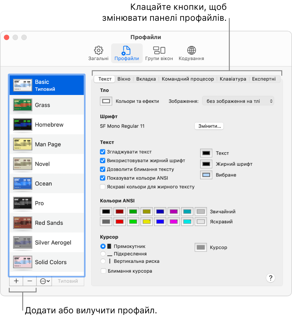 Панель «Профайли» в Терміналі з виділеним профайлом «Базовий», кнопками для додавання й видалення профайлів і кнопками для перемикання панелей.