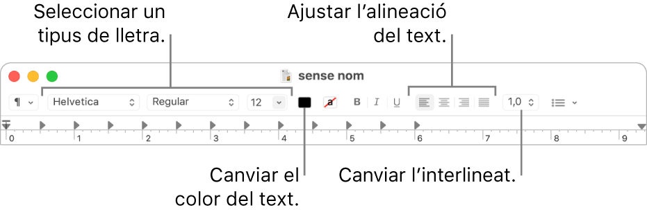 Barra d’eines del TextEdit per a un document de text enriquit, on es mostren el tipus de lletra i els controls d’alineació i d’espaiat del text.