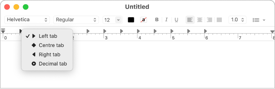 The ruler showing the tab stop options.