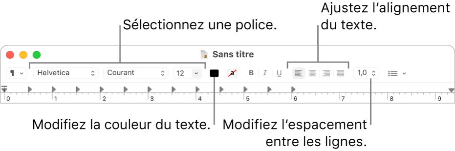 Barre d’outils de TextEdit pour un document RTF, présentant les commandes de police, d’alignement et d’espacement du texte.