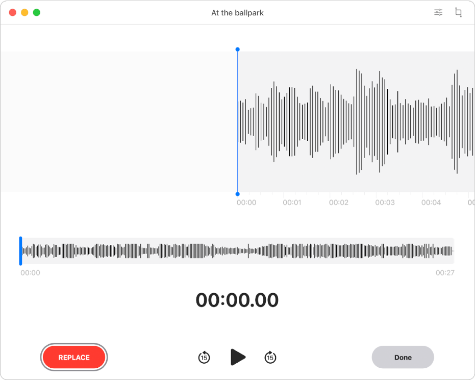 A Voice Memos recording. Drag the blue vertical line (playhead) in the lower waveform overview to where you want to edit.