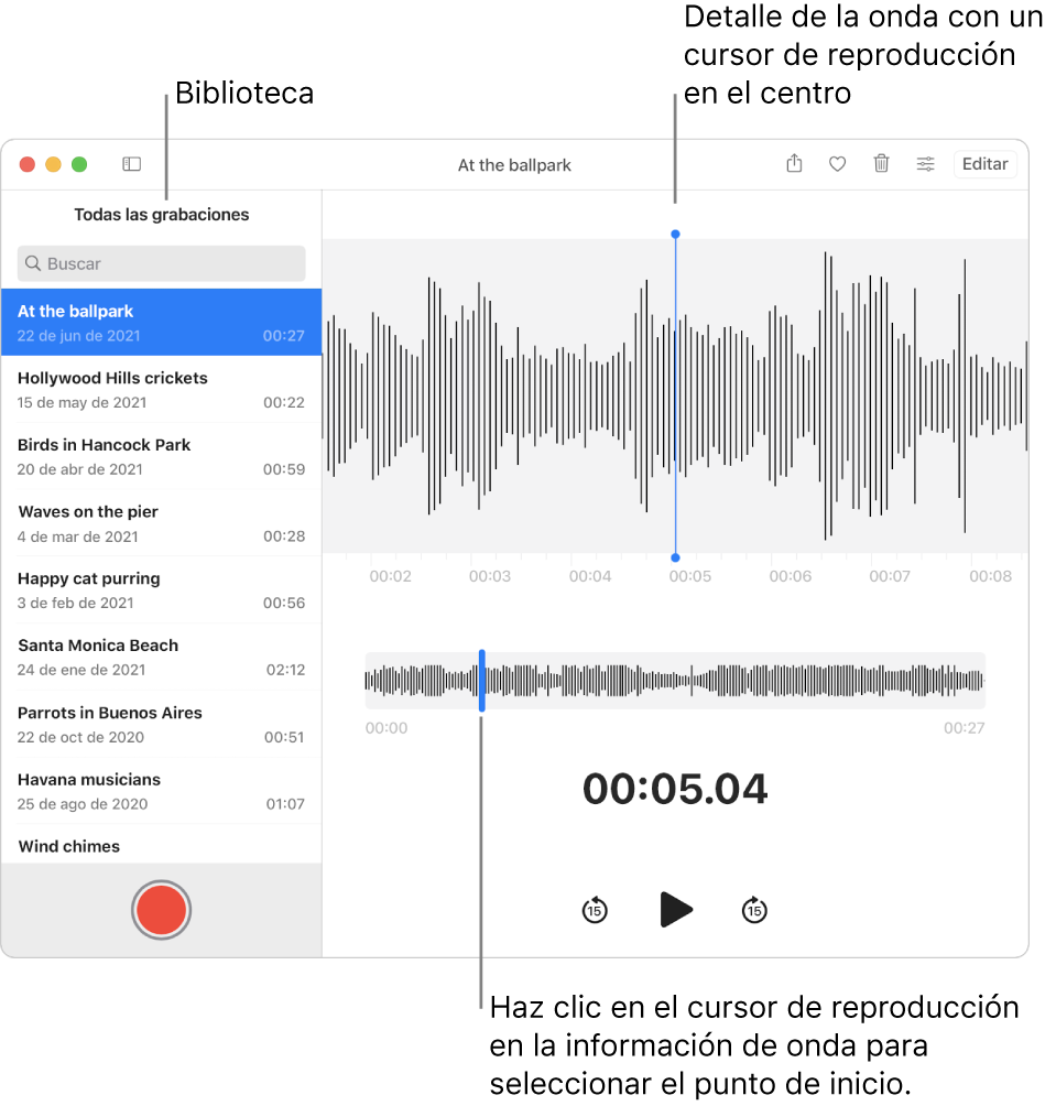 La app Notas de Voz muestra las grabaciones en la biblioteca disponible a la izquierda. La grabación seleccionada aparece en la ventana a la derecha de la lista, como un detalle en forma de onda con un cursor de reproducción en el centro. Debajo de la grabación está la vista general de la forma de onda. Haz clic en el cursor de reproducción para seleccionar la posición inicial.