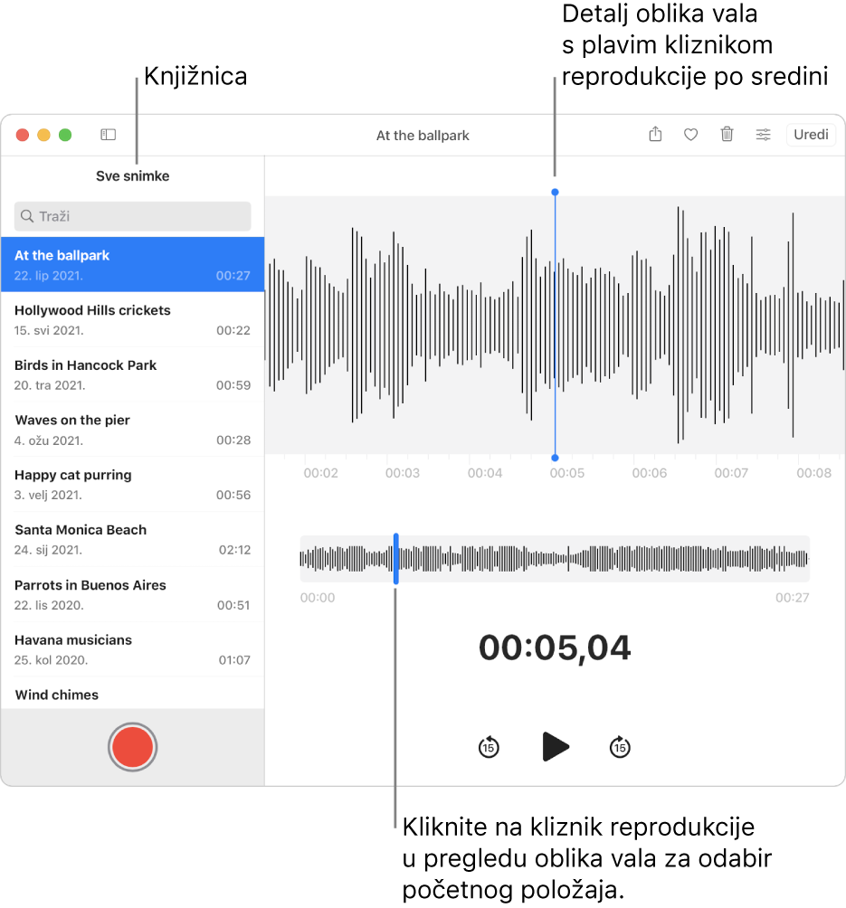 Aplikacija Diktafon s prikazom snimki u medijateci s lijeve strane. Odabrana snimka pojavljuje se u prozoru s desne strane popisa, kao detalj oblika vala s plavim kliznikom reprodukcije u sredini. Ispod snimke je pregled oblika vala. Kliknite kliznik reprodukcije u pregledu za odabir početnog položaja.