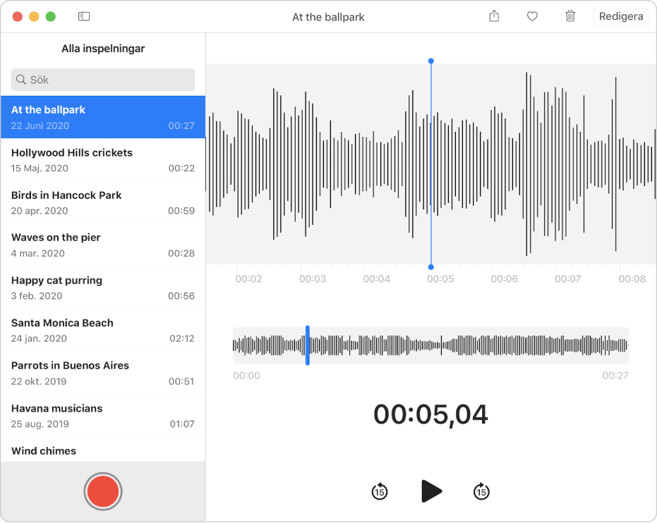 Röstmemon-fönstret visar inspelningsknappen längst ned till vänster.