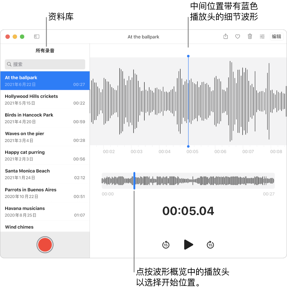 “语音备忘录” App 在左侧的资料库中显示录音。所选录音显示在列表右侧的窗口中，带有蓝色播放头的波形详细信息位于中间。录音下方是波形概览。点按概览中的播放头以选择开始位置。