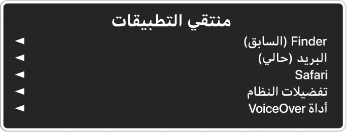 يسرد منتقي التطبيقات خمسة تطبيقات مفتوحة، بما فيها Finder وتفضيلات النظام. يوجد على يمين كل عنصر في القائمة سهم.