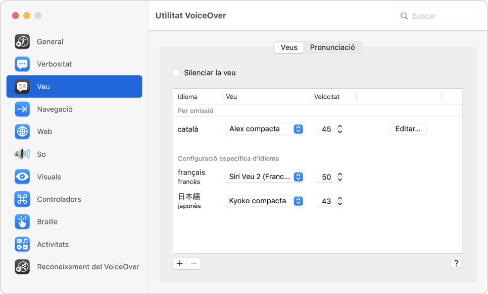 Tauler Veus de la Utilitat VoiceOver que mostra la configuració de la veu per als següents idiomes: anglès, francès i japonès.