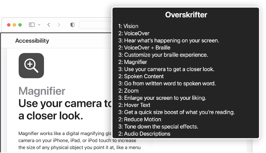 En Safari-webside i VoiceOver-markøren, og VoiceOver-rotoren indstillet til Overskrifter.