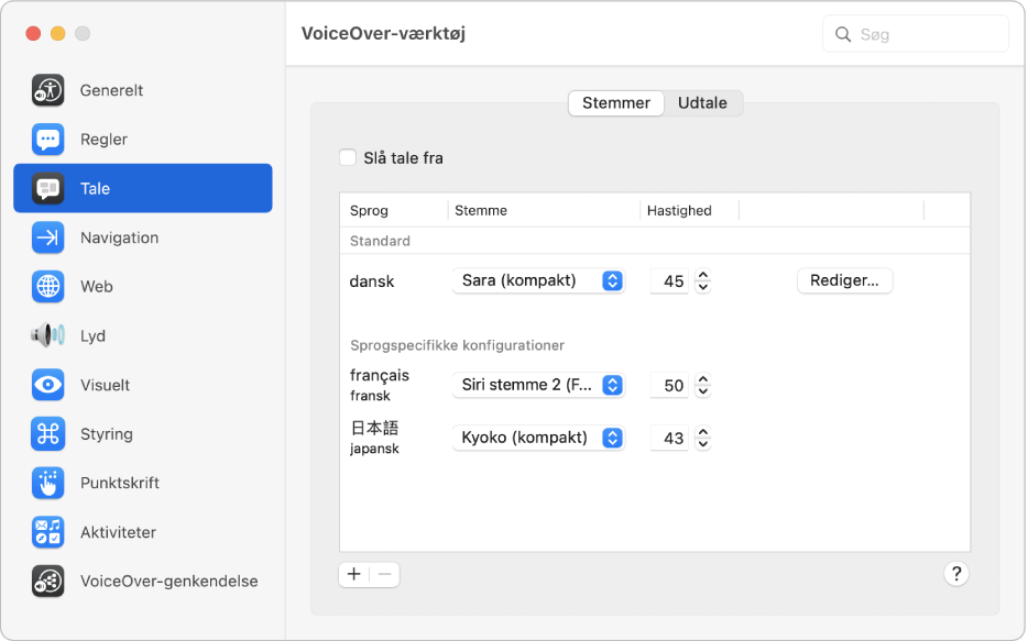 Vinduet Stemmer i VoiceOver-værktøj viser stemmeindstillinger til sprogene engelsk, fransk og japansk.
