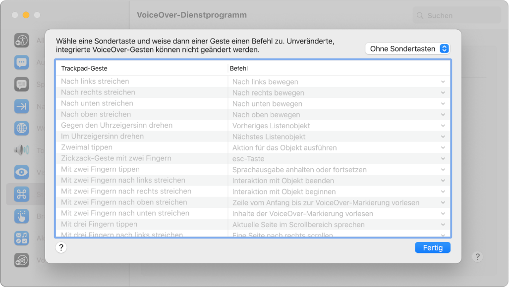 Eine Liste von VoiceOver-Gesten und entsprechenden Befehlen in der Trackpad-Steuerung im VoiceOver-Dienstprogramm