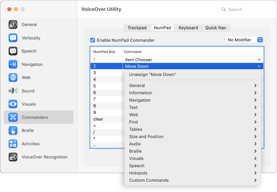 The VoiceOver Utility window showing the Commanders category selected in the sidebar and the NumPad pane selected on the right. At the top of the NumPad pane, the Enable NumPad Commander checkbox is selected. No Modifier is selected from the Modifier pop-up menu. Below the checkbox and pop-up menu is a table with two columns: NumPad Key and Command. The second row is selected and contains 2 in the NumPad Key column and Move Down in the Command column. A pop-up menu below Move Down shows command categories, such as General; each category has an arrow to display commands that can be assigned to the current NumPad key.