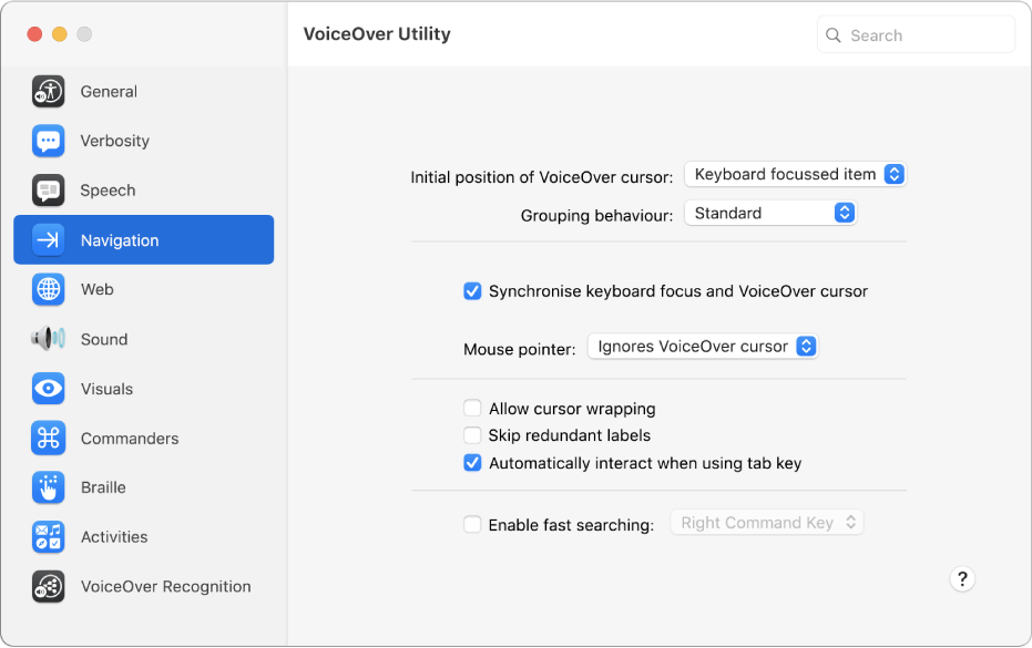 The VoiceOver Utility window showing the Navigation category selected in the sidebar on the left and its options on the right. At the bottom right corner of the window is a Help button to display VoiceOver online help about the options.