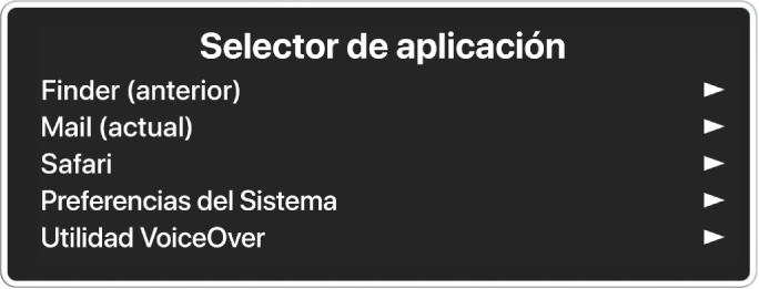 El “Selector de aplicación” mostrando cinco aplicaciones abiertas, incluido el Finder y Preferencias del Sistema. A la derecha de cada elemento en la lista hay una flecha.