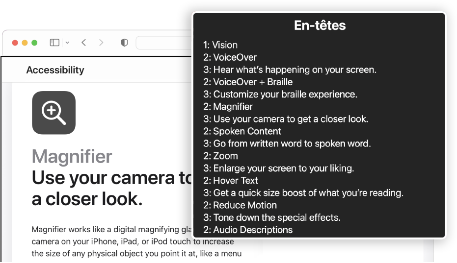 Une page web Safari dans le curseur VoiceOver, le rotor VoiceOver étant défini sur En-têtes.