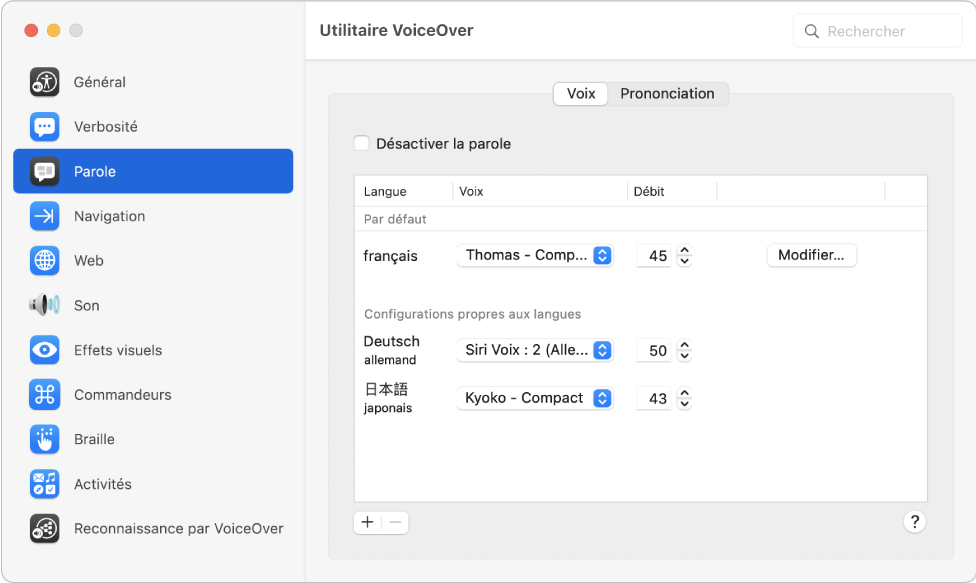 Sous-fenêtre Voix d’Utilitaire VoiceOver affichant des réglages de voix pour l’anglais, le français et le japonais.