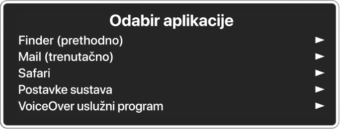 Izbornik aplikacija s pet otvorenih aplikacija, uključujući Finder i Postavke sustava. S desne strane svake stavke u popisu nalazi se strelica.