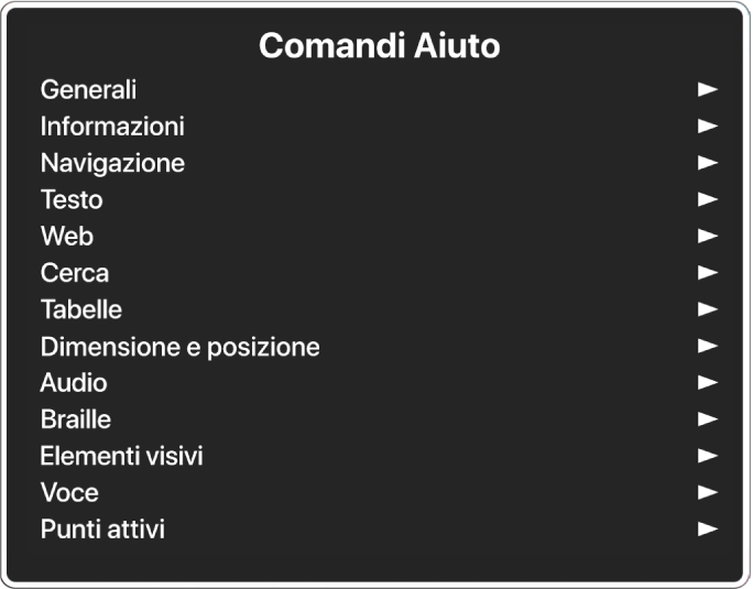 Il menu Aiuto di Comandi è composto da un pannello in cui sono elencate le categoria di comandi, a partire da Generali fino a “Punti attivi”. Alla destra di ciascun elemento in elenco è presente una freccia per accedere allo specifico sottomenu.