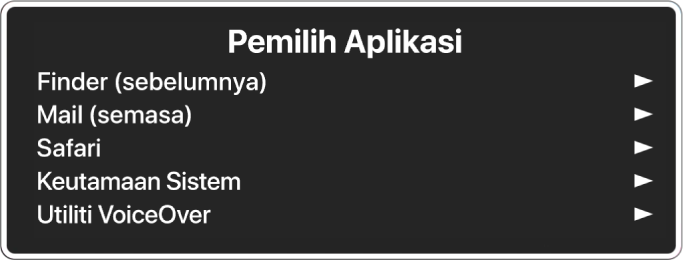 Pemilih Aplikasi menyenaraikan lima aplikasi terbuka, termasuk Finder dan Keutamaan Sistem. Di sebelah kanan setiap item dalam senarai adalah anak panah.