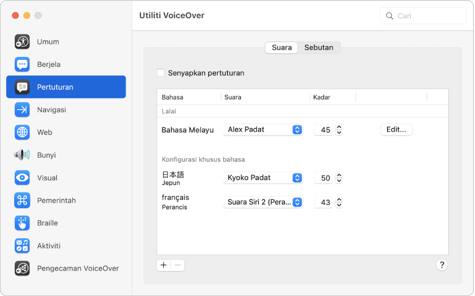 Anak tetingkap Suara VoiceOver Utiliti menunjukkan seting suara untuk bahasa Inggeris, Perancis dan Jepun.
